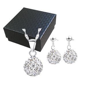 White Crystal Rhinestone Gemstone Birthstone Ball Necklace & Drop Earrings Set